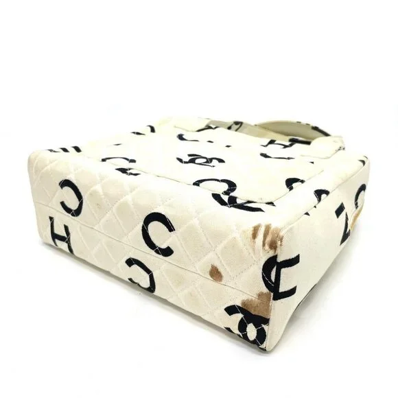 CHANEL Matelasse logo Tote Bag Hand Bag Cotton Canvas Ivory x Black - Picture 6 of 11